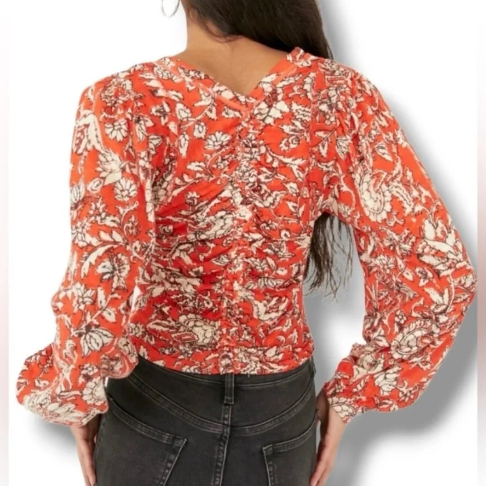 Ruched V-Neck Floral Long-Sleeve Top in Orange